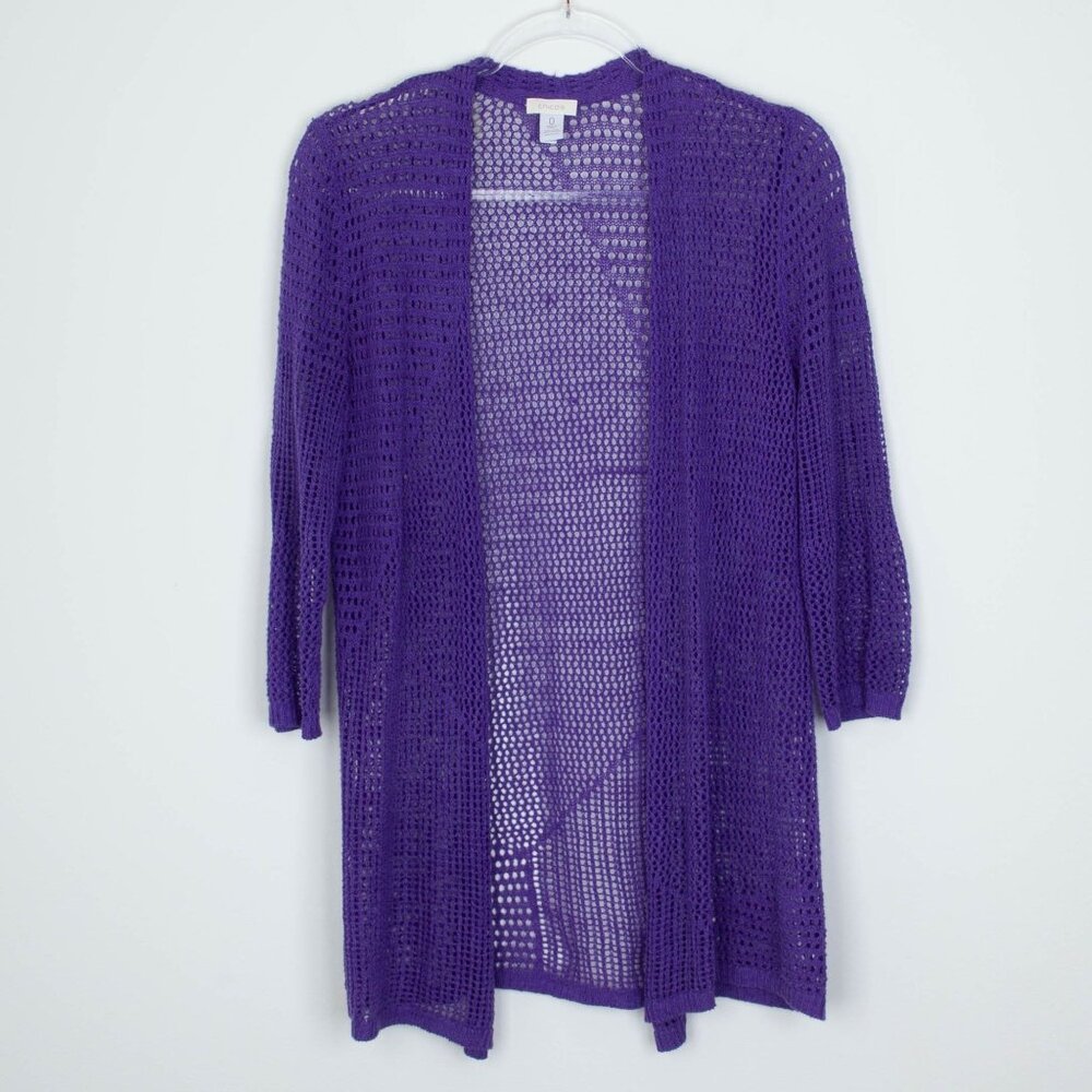 Chicos Womens Open Knit Linen Blend Long Cardigan Size 0 S Purple 3/4‎ Sleeve